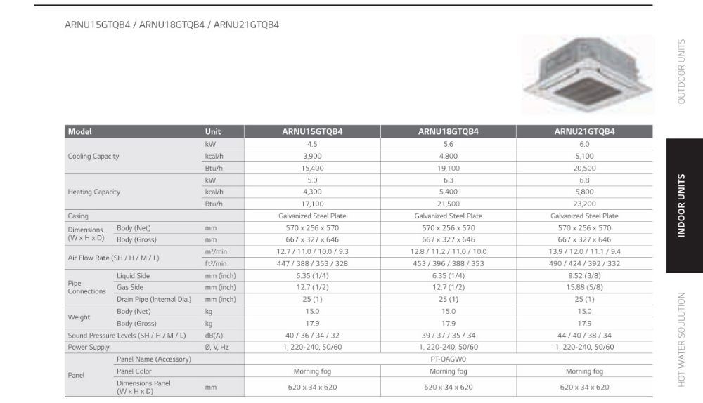 LG VRF Indoor units 4-Way Cassette Compact Specifications and Details